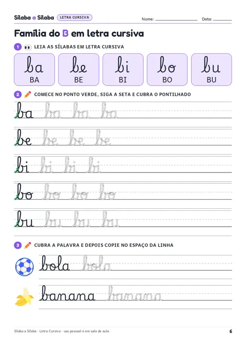 Página do caderno Letra Cursiva: família do B em letra cursiva com ponto de início e seta