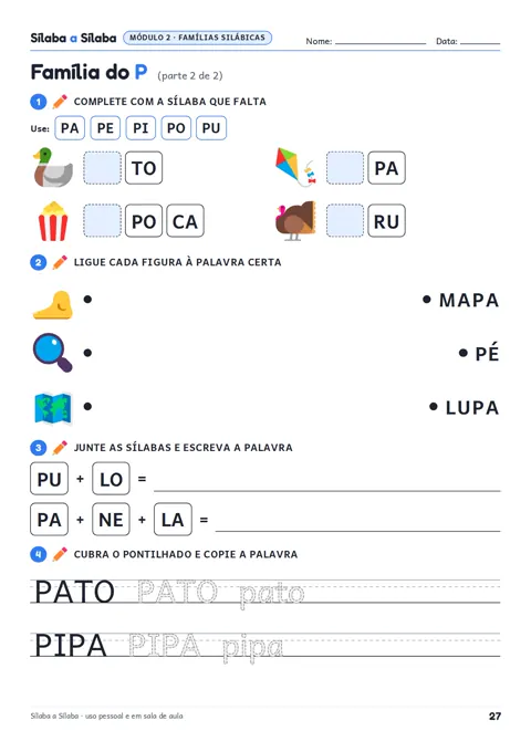 Página: completar, ligar e juntar sílabas