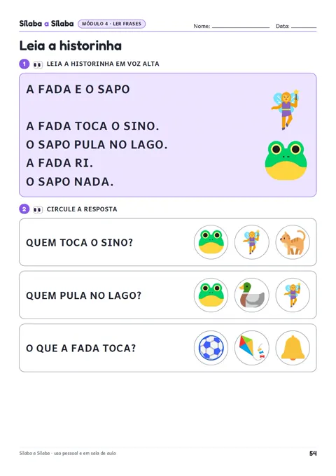 Página: historinha A fada e o sapo, com perguntas